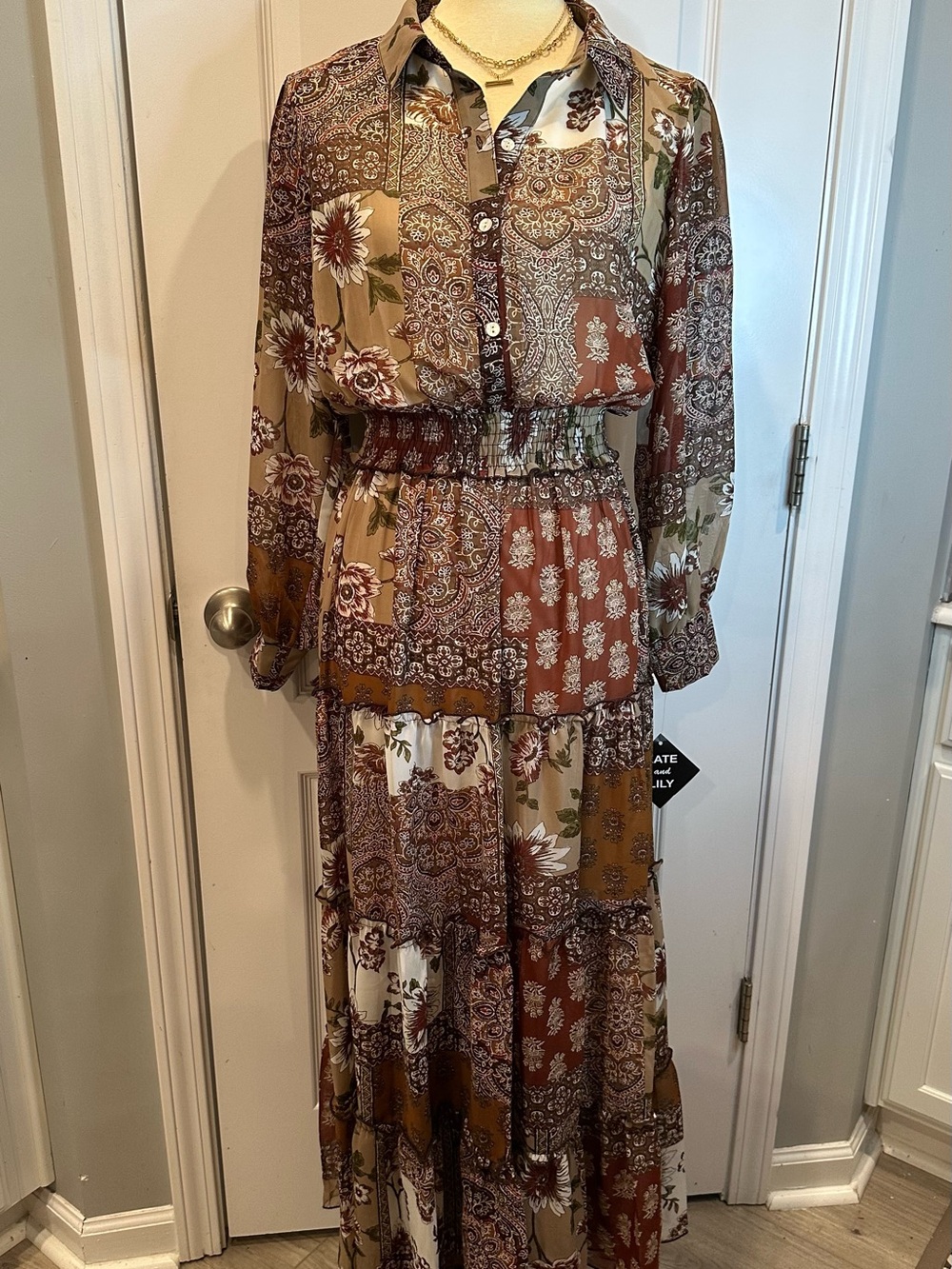 Bohemian Patchwork Maxi Dress in Brown and Cream